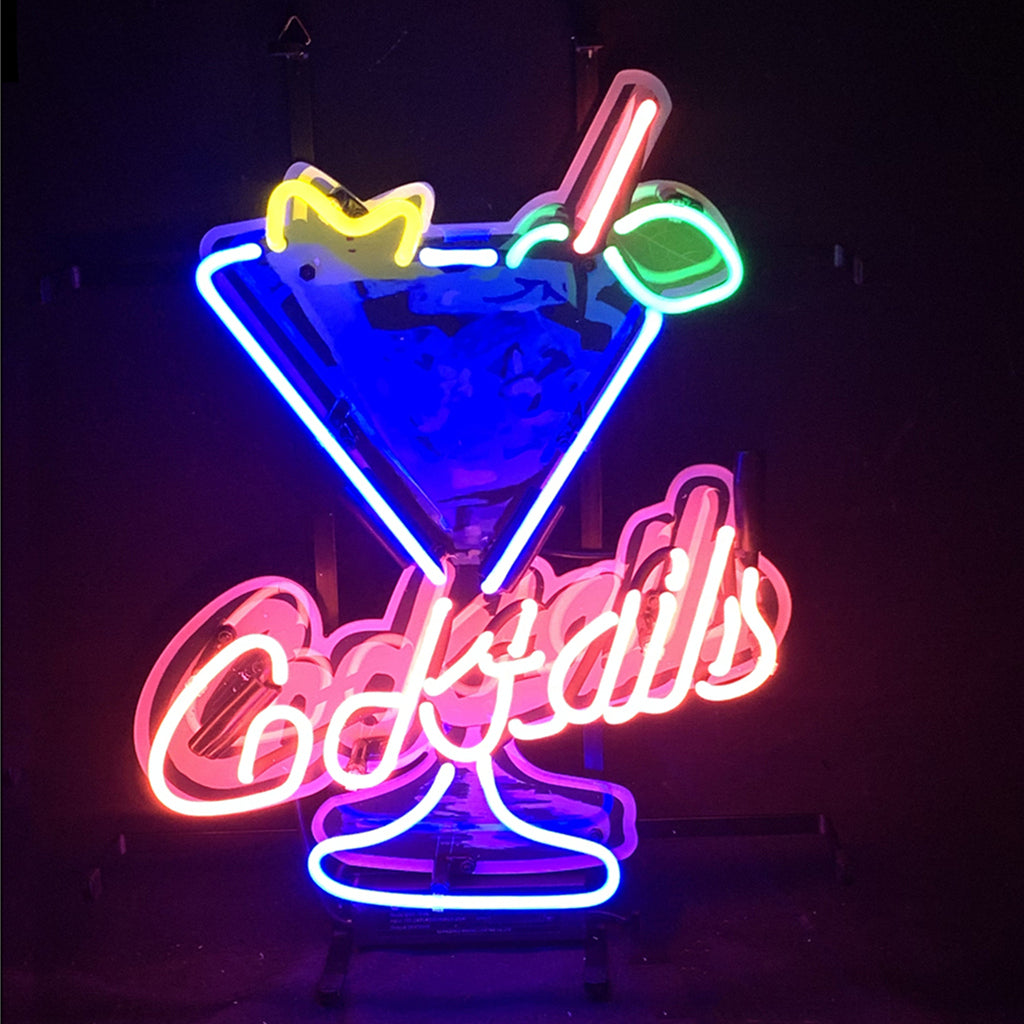 Neon Sign showing cocktails and martini cup on a backing, illuminated in bright neon colors.