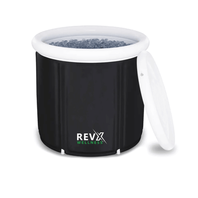 RevX Ice Pod portable cold bath inflated with lid on, showing dimensions and components