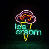 Neon sign with pink and orange ice cream scoop above yellow cone, and glowing turquoise text reading 'ice cream' on black background.