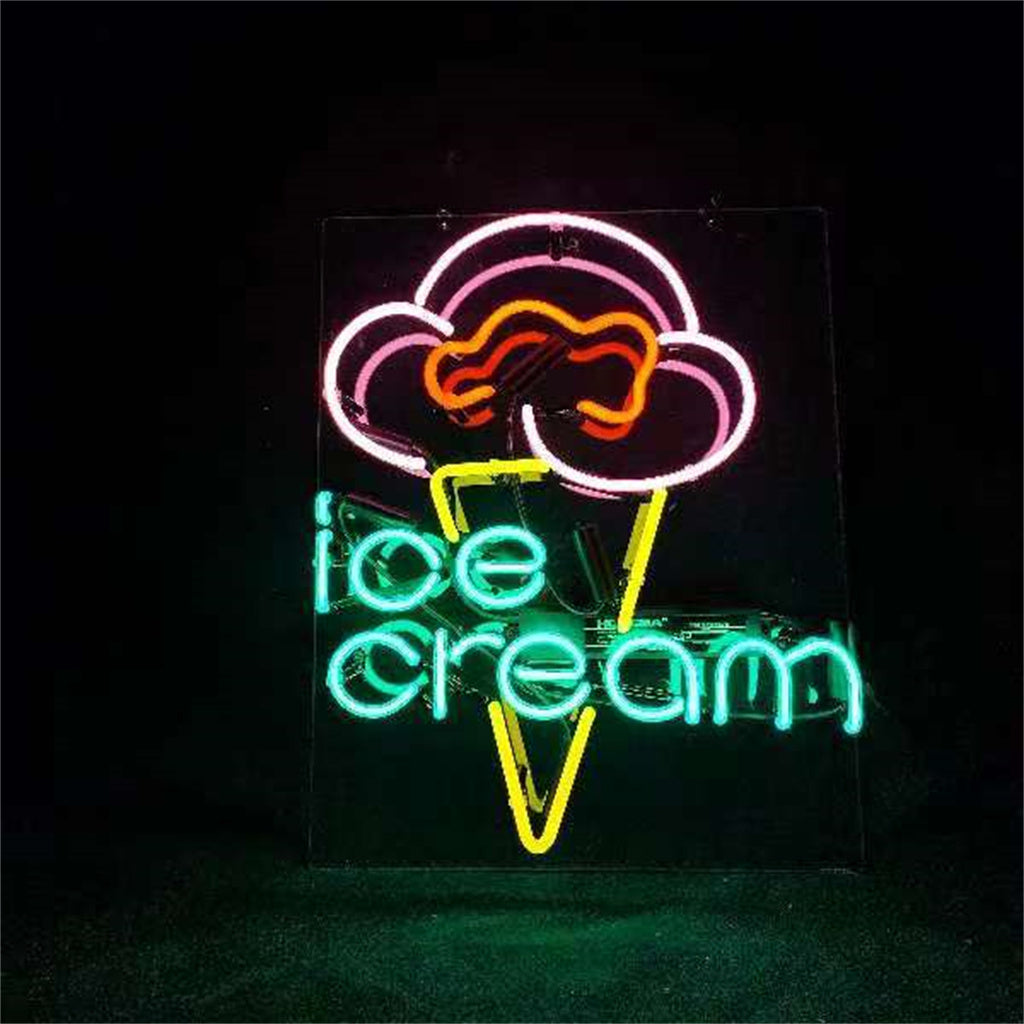 Neon sign with pink and orange ice cream scoop above yellow cone, and glowing turquoise text reading 'ice cream' on black background.