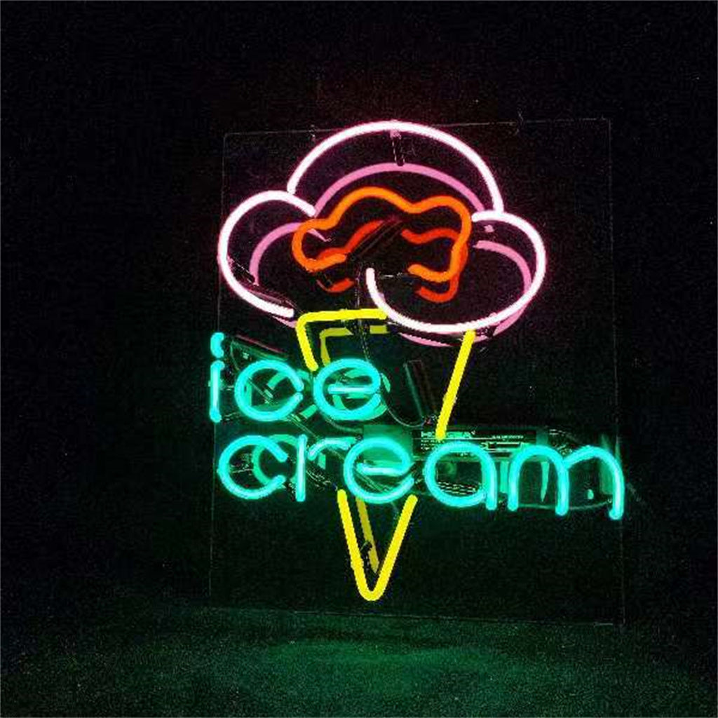 Ice Cream Neon Sign illuminated with pink and white colors, mounted on a neutral wall.