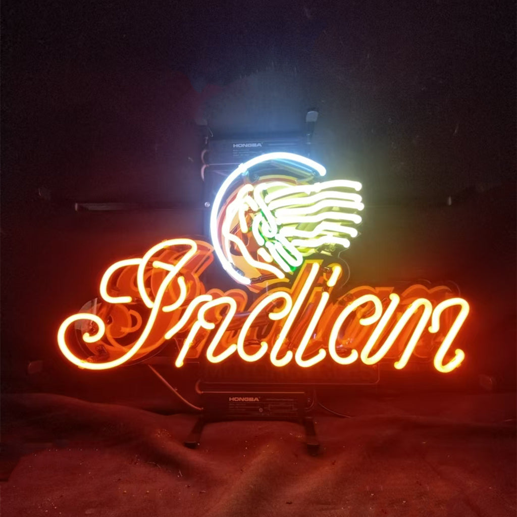 Indians Motorcycle Neon Sign illuminated on a wall