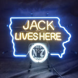 Jack Lives Here Old 7 Brand Neon Sign featuring Iowa maps lit up indoors