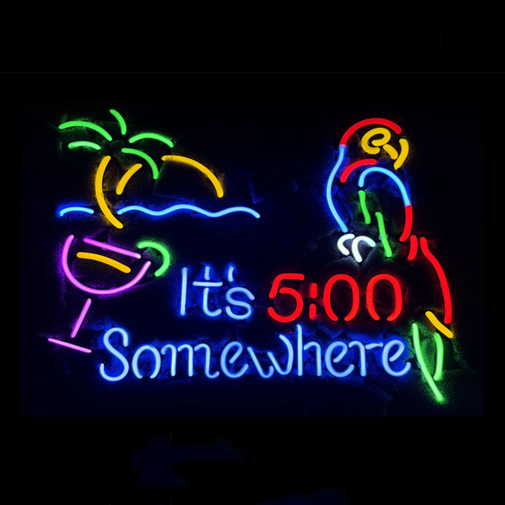 Neon sign with colorful parrot on the right, yellow palm trees on the left, pink cocktail glass, and blue and red text reading "It's 5:00 Somewhere" on black background.