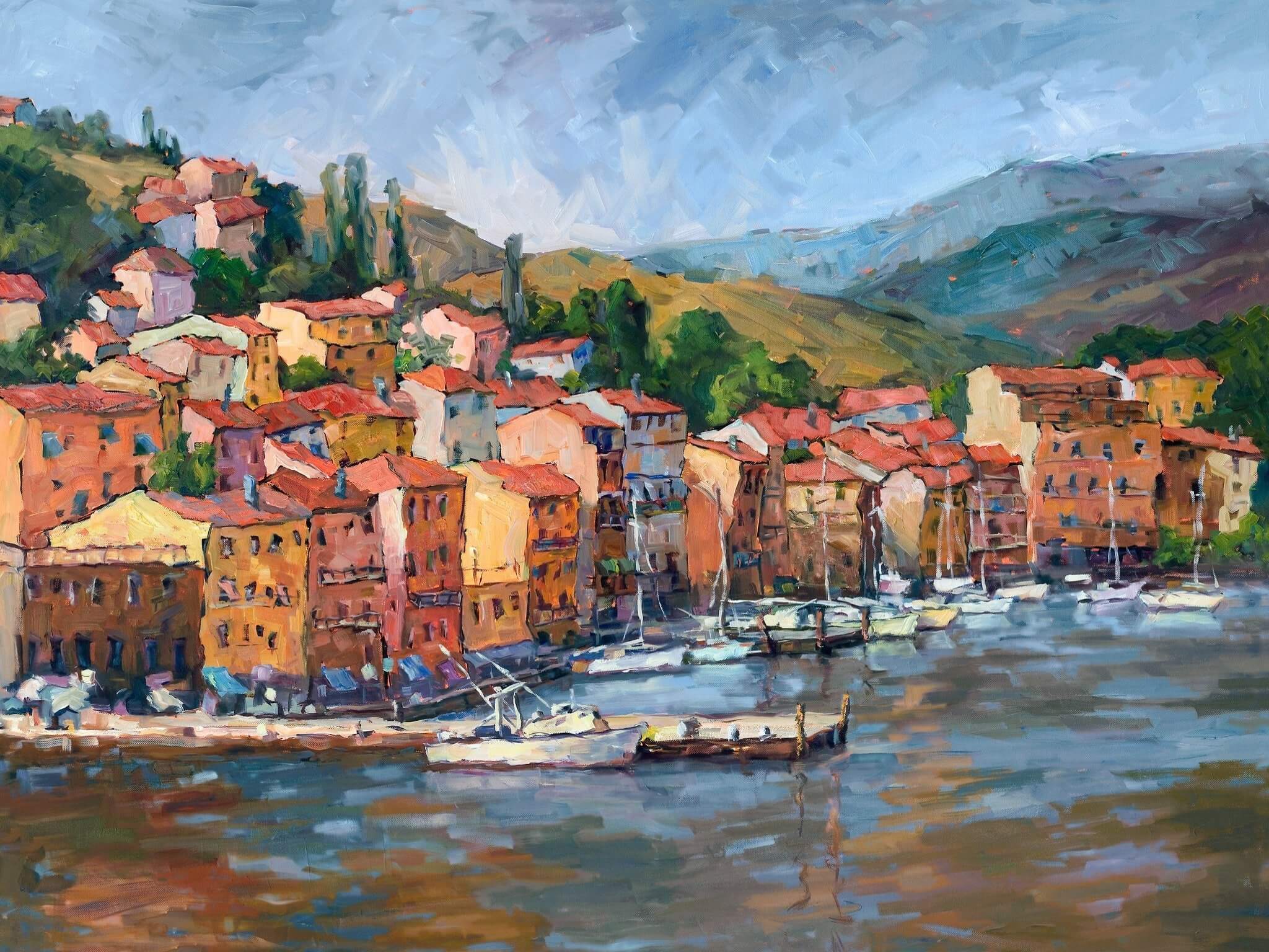 Italian Coastal Village Artist Enhanced Canvas Print by John Beard Collection - main product image for Resin Society