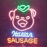 Italian Sausage Neon Sign illuminated on wall, glowing orange-red with metal grid backing