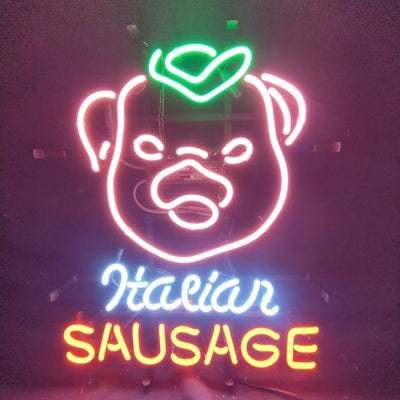 Italian Sausage Neon Sign illuminated on wall, glowing orange-red with metal grid backing