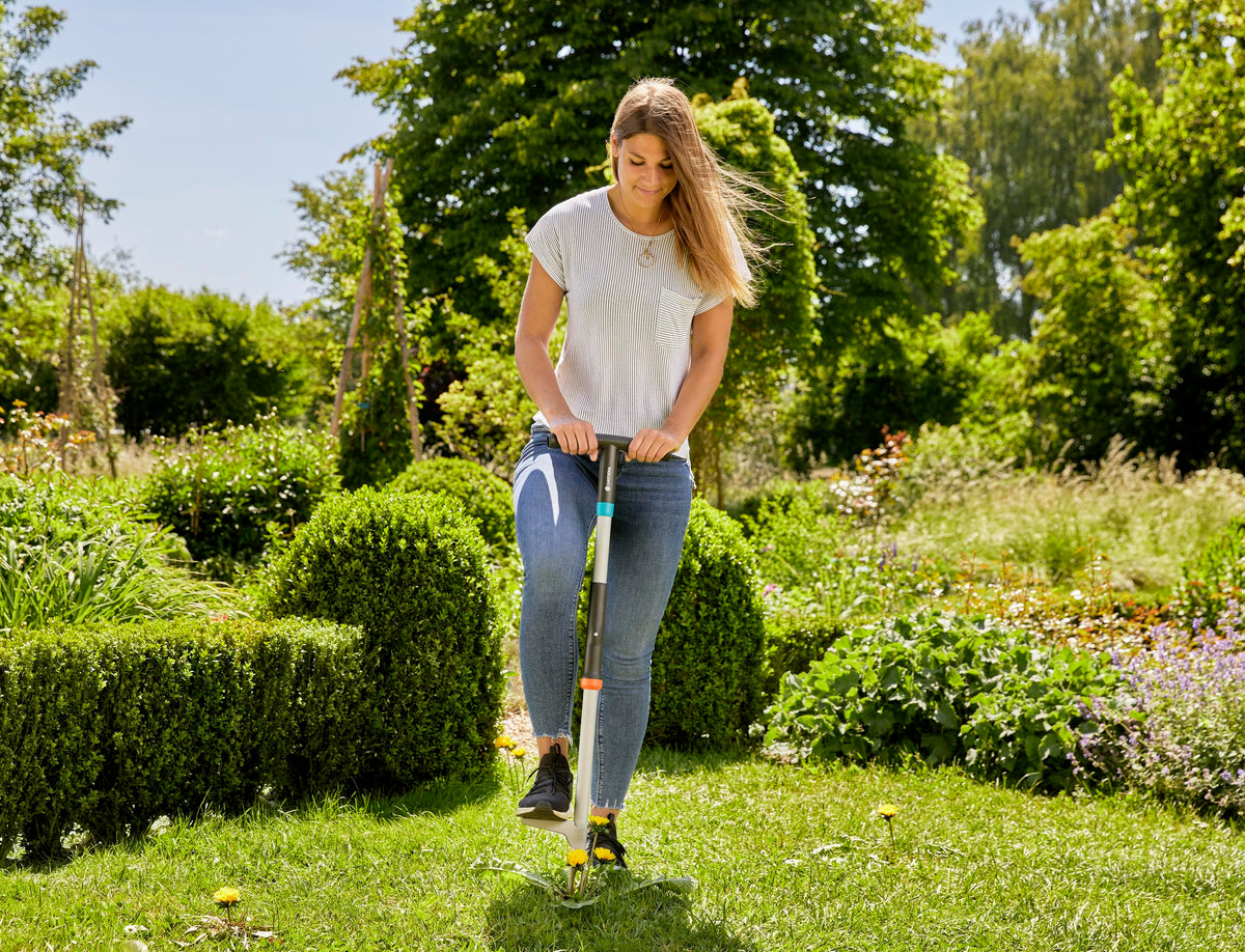 Woman using a long-handled weed puller on a grassy garden path surrounded by green bushes and plants under a sunny sky.