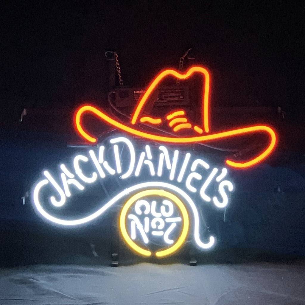 Jack Daniel's Old No.7 Whiskey Logo Neon Light Sign illuminated on metal grid backing