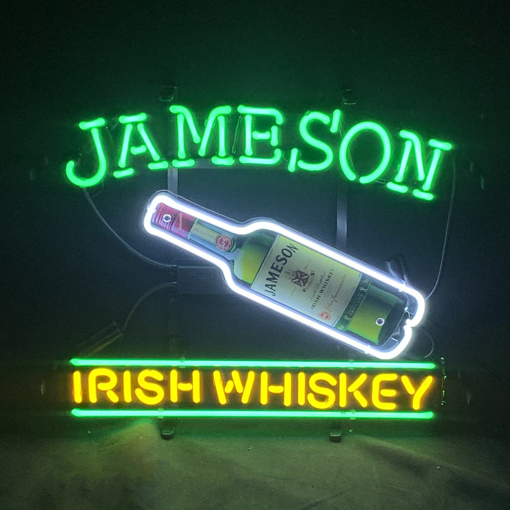 Jameson Irish Whiskey bottle shaped neon light sign with vibrant glow on a metal grid backing