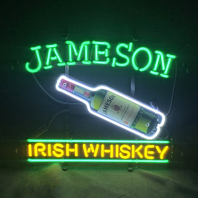 Jameson Irish Whiskey bottle shaped neon light sign with vibrant glow on a metal grid backing