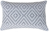 Rectangular decorative cotton throw pillow featuring a repeating gray geometric pattern on a white background, measuring approximately 14 by 20 inches.
