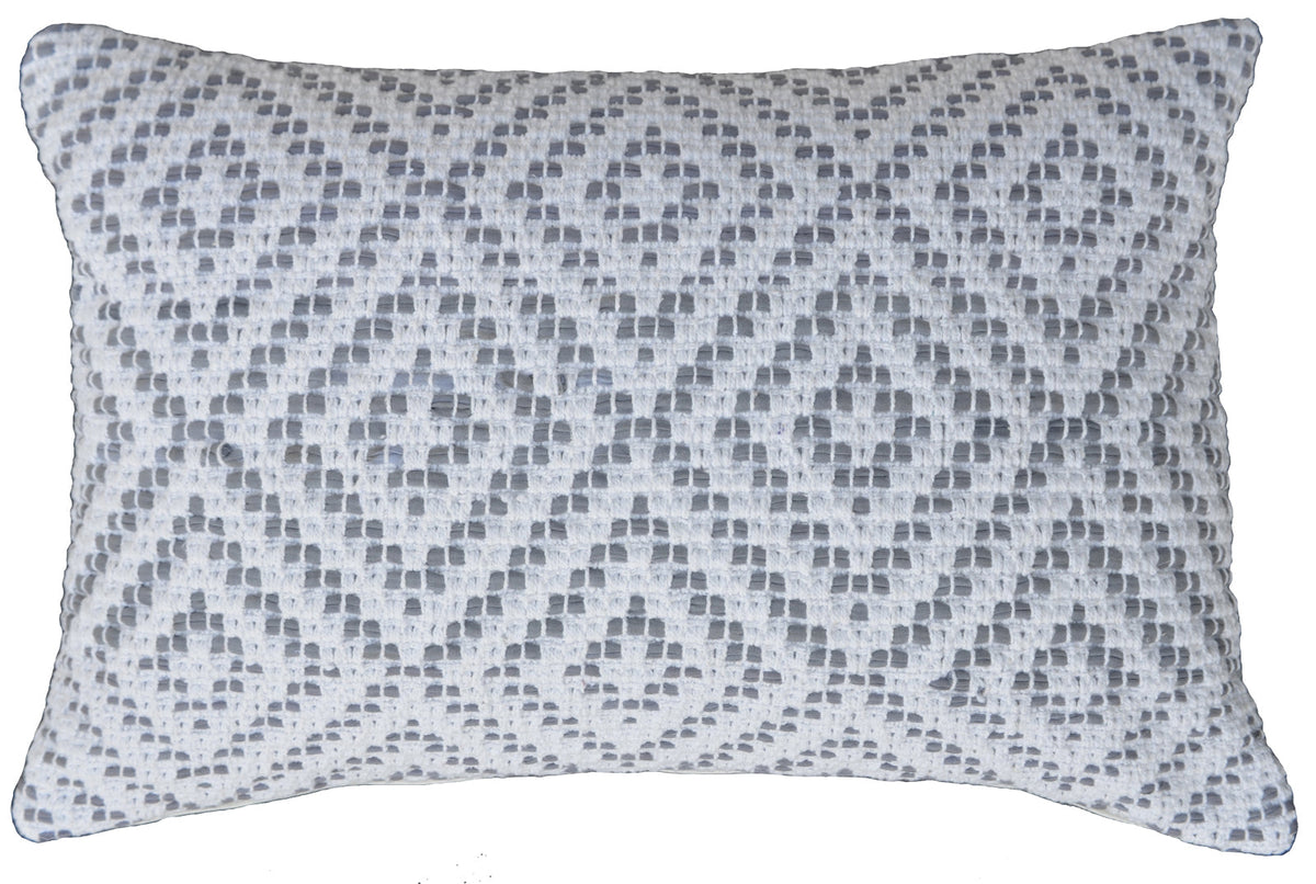 Rectangular decorative cotton throw pillow featuring a repeating gray geometric pattern on a white background, measuring approximately 14 by 20 inches.