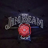 Neon sign with white lettering spelling 'Jim Beam' and a red stylized ribbon emblem below it featuring 'Jim Beam B Since 1795' text.
