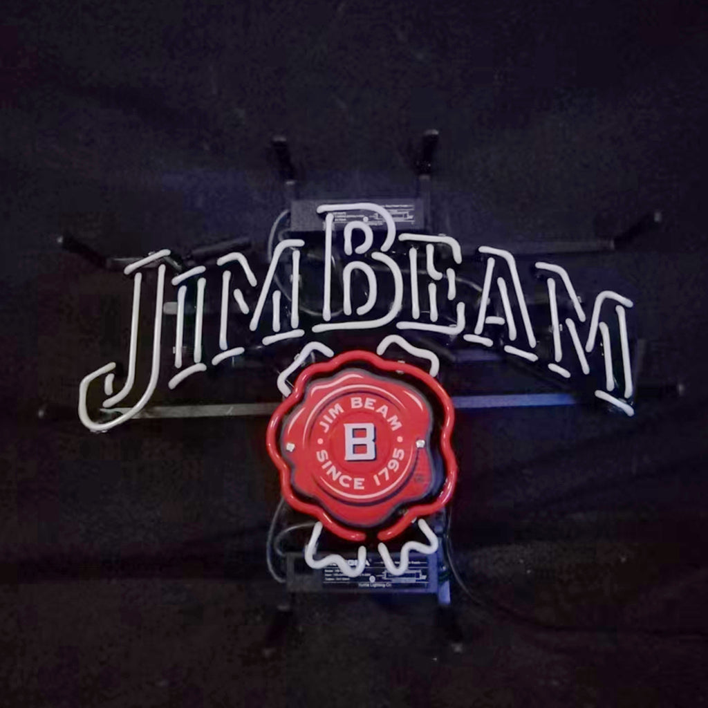 Neon sign with white lettering spelling 'Jim Beam' and a red stylized ribbon emblem below it featuring 'Jim Beam B Since 1795' text.