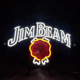 Illuminated Jim Beam neon sign with white lettering and a red and yellow wax seal design against a dark background