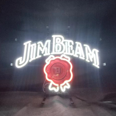 Jim Beam Whiskey Neon Light Sign glowing against a dark backdrop