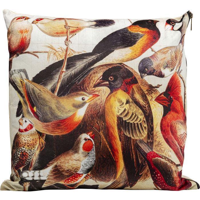 Cushion Birds Life showing vibrant, nature-inspired pattern on a textured polyester cover