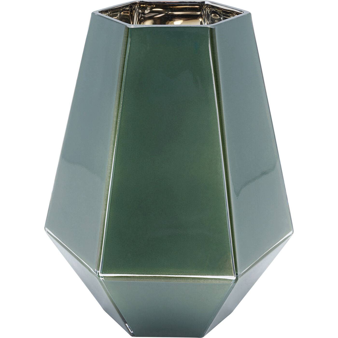 Vase Art Pastel Oliv 21cm by DEKOR showing olive-green geometric glass with silver lines on a white background