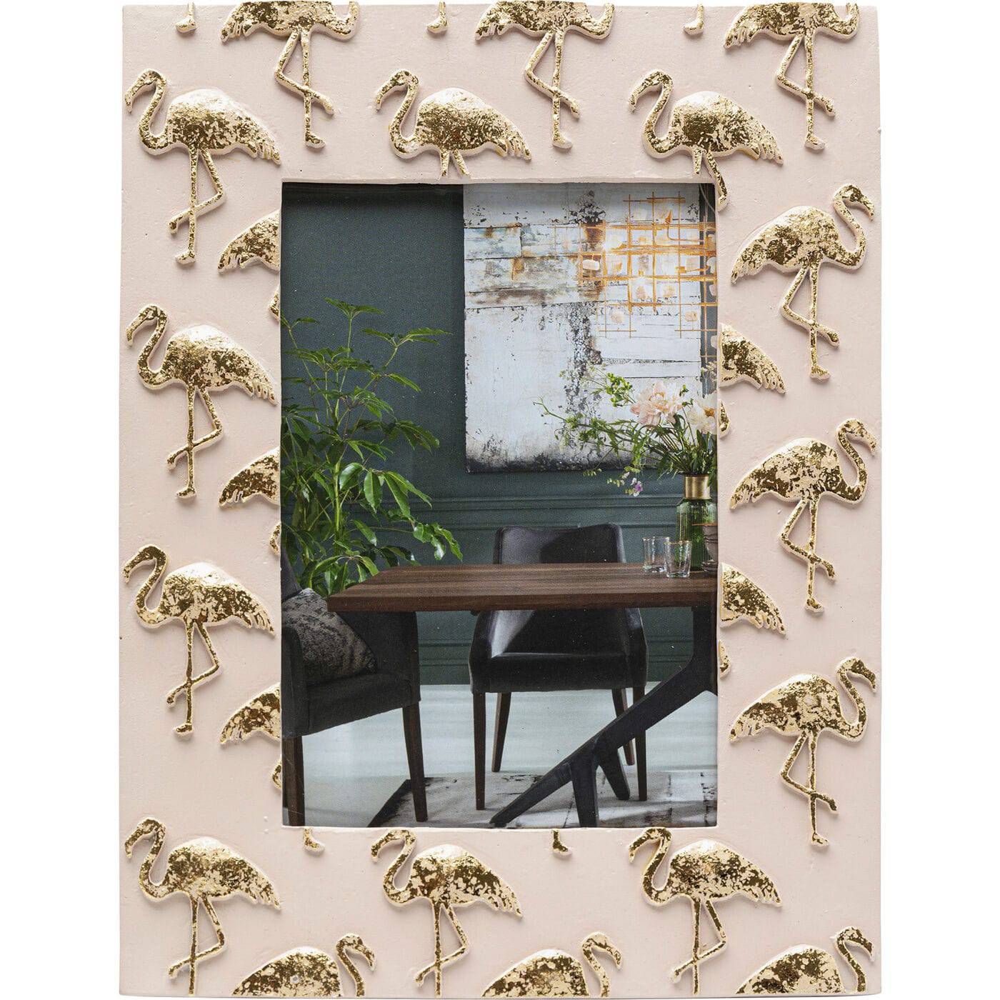 Picture Frame Flamingo 13x18cm resting on a table with flamingo motif in vivid colors