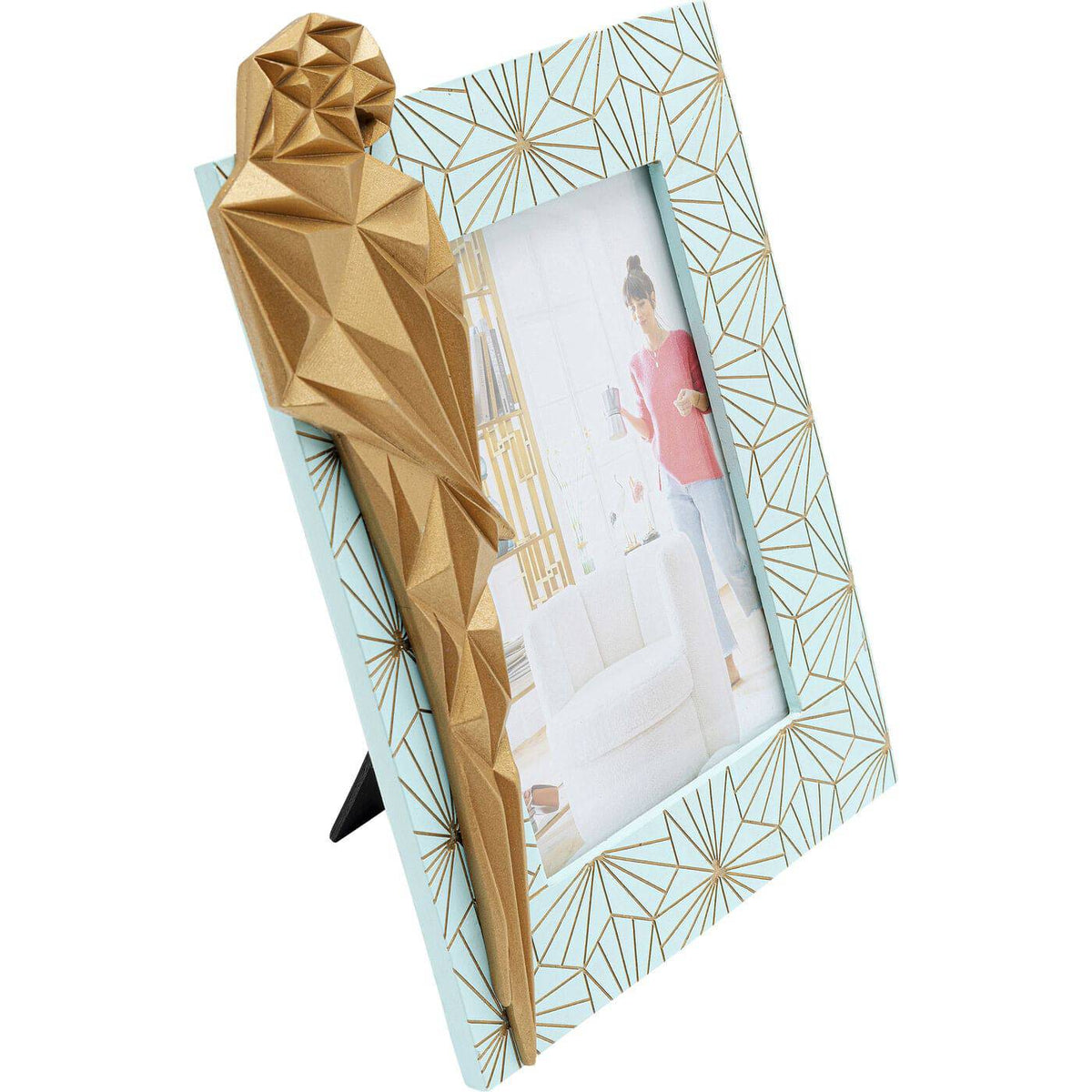 Rectangular photo frame with light blue background and gold geometric starburst pattern, featuring a large textured gold parrot sculpture on the left side.