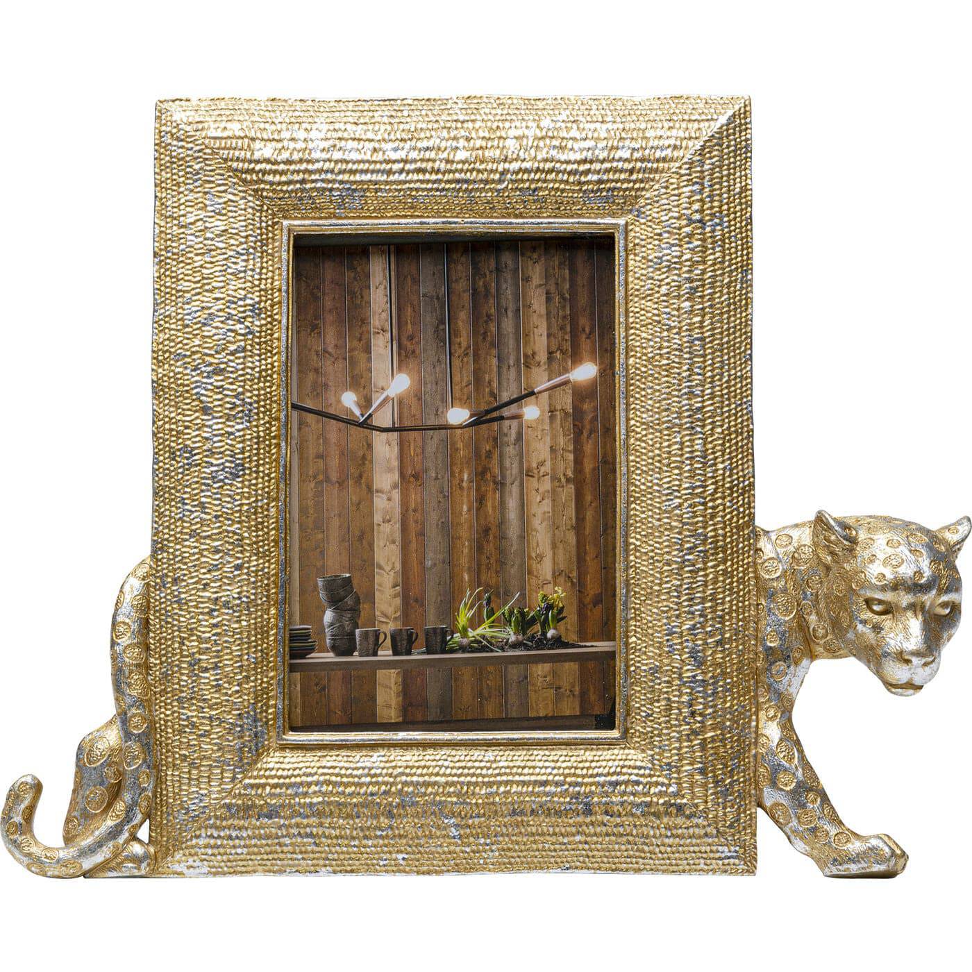 Leopard themed antique gold picture frame with a clear glass front