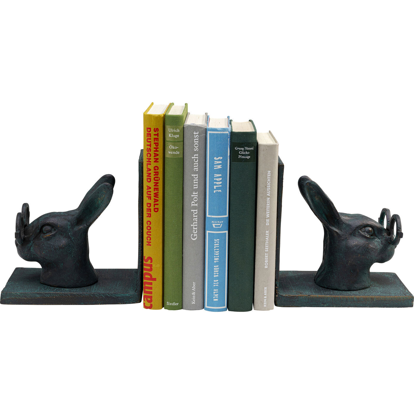 Two aluminum powder-coated Smart Rabbit bookends set on a white surface holding books