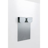 Metal wall-mounted bottle opener with a rectangular catching tray below, mounted on a white wall.