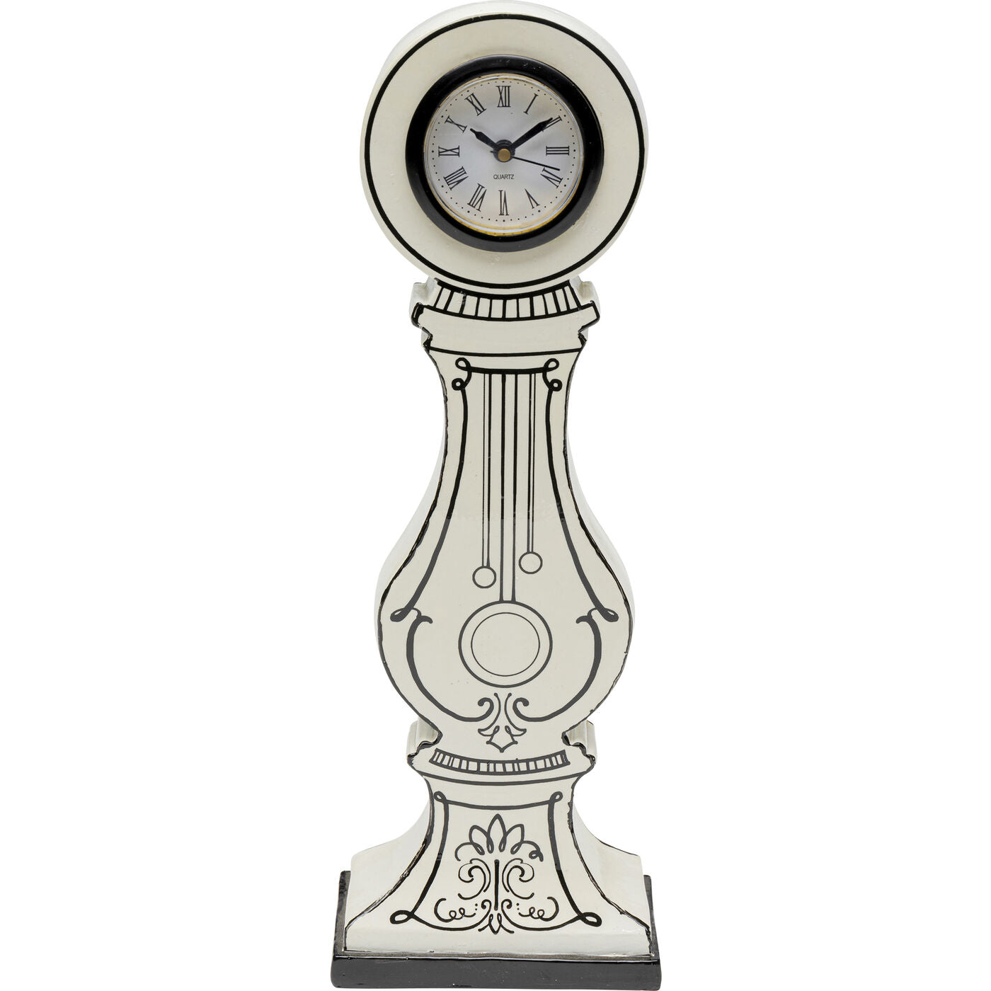 Table Clock Favola 9x26cm showing black and white 2-D art with vintage flea market style on a coastal wall