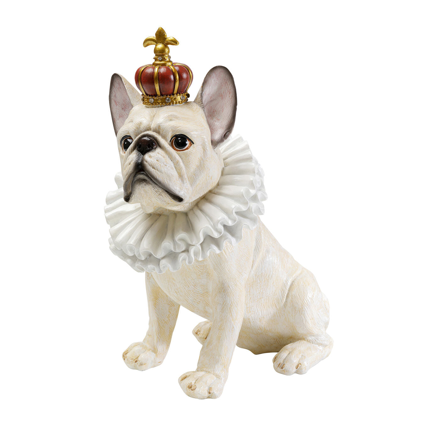 White decorative Boston terrier figurine wearing a crown and frilly collar