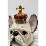 White French Bulldog figurine wearing a red and gold crown adorned with small jewels, with detailed large ears and a ruffled collar visible.
