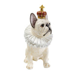 White French Bulldog figurine wearing a red and gold crown and a detailed white ruffled collar, facing slightly right on a white background.