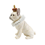 White bulldog figurine with textured fur wearing a red and gold crown and a ruffled white collar, shown in profile sitting pose against white background.