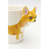 White ceramic mug featuring a three-dimensional yellow and white dog head and front legs extending from the side, with glossy finish and detailed facial expression.