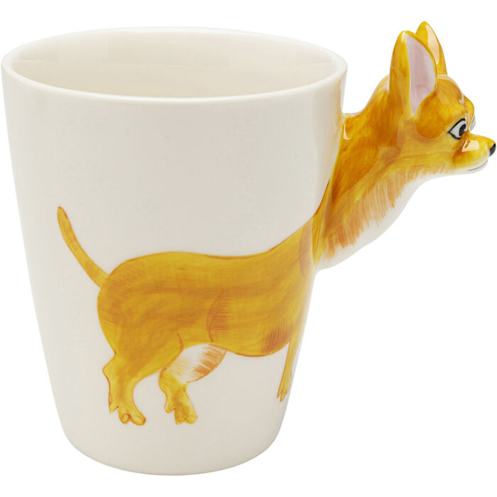 White ceramic mug featuring a brown dog body painted on the side and a three-dimensional dog head as the handle.