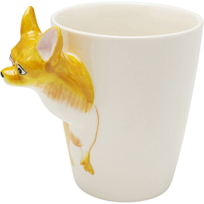 Cream-colored ceramic mug with a sculpted yellow and white dog head extending outward and painted dog legs on the side near the handle area.