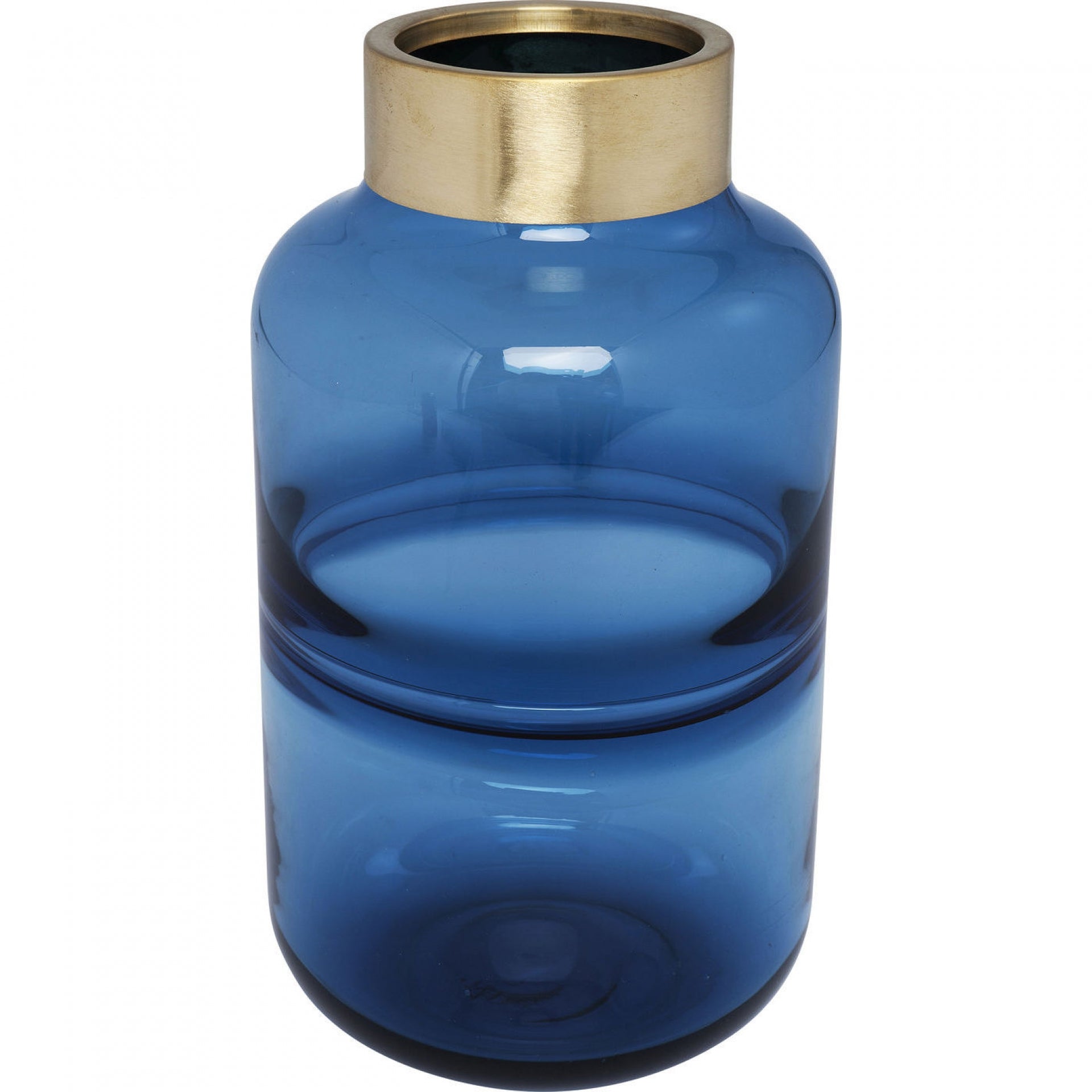 Vase Positano Belly Blue 28cm on a neutral surface highlighting its blue glass body and brass lacquered rim
