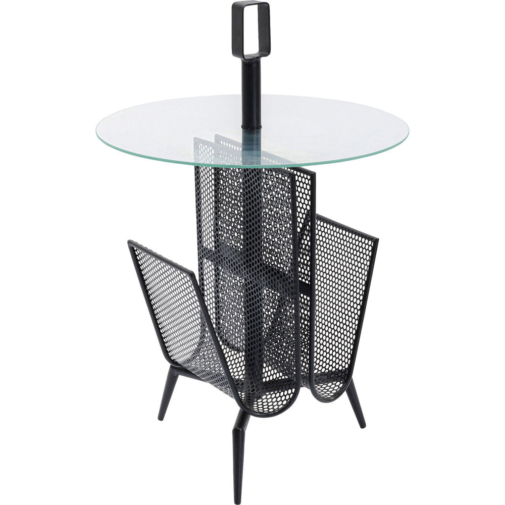 Minimalist round side table with clear glass top and black steel powder-coated frame
