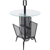 Minimalist round side table with clear glass top and black steel powder-coated frame