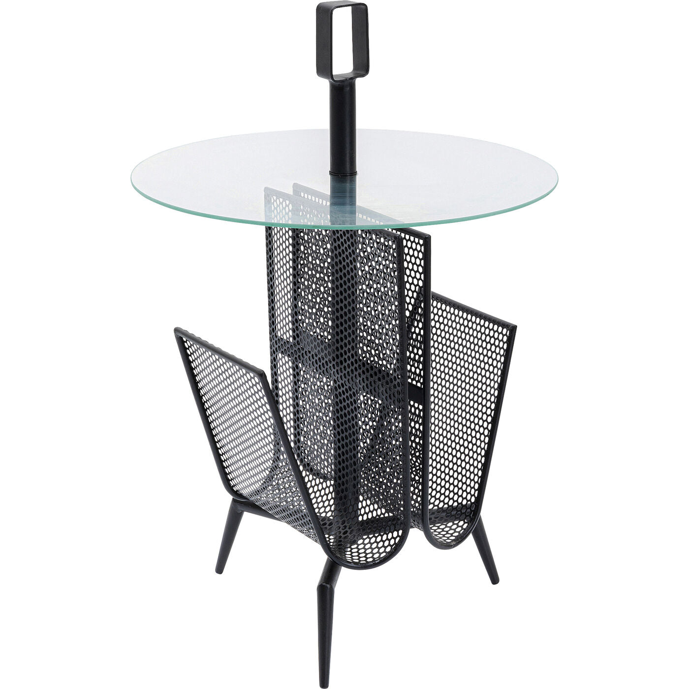 Minimalist round side table with clear glass top and black steel powder-coated frame