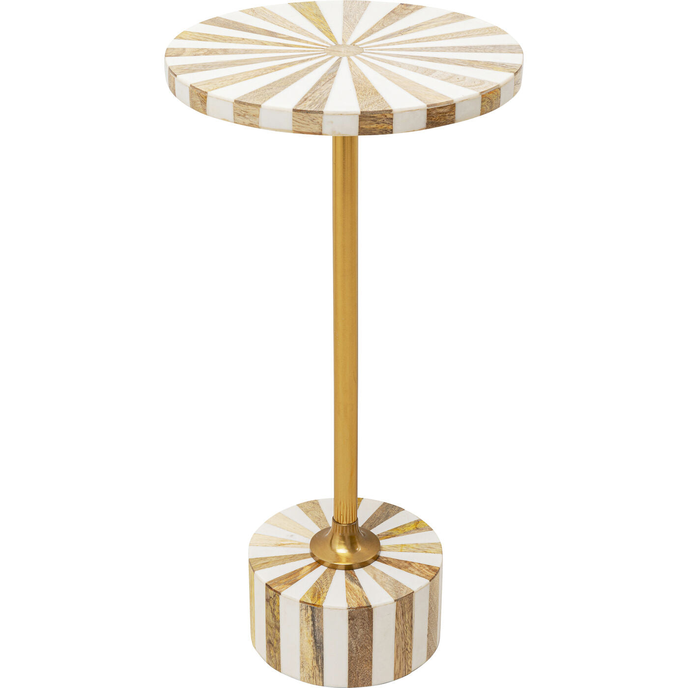 Side Table Domero Cirque Gold White Ø25cm with brass coat base and graphic marquetry tabletop