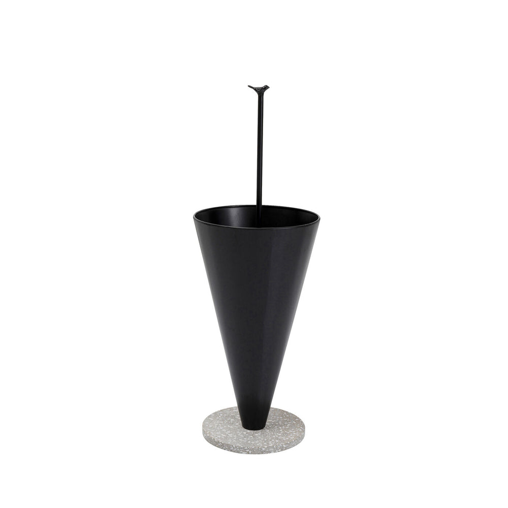 Umbrella Stand Singing In The Rain Black with black lacquered steel body and grey composite marble round base, featuring bird figure on handle