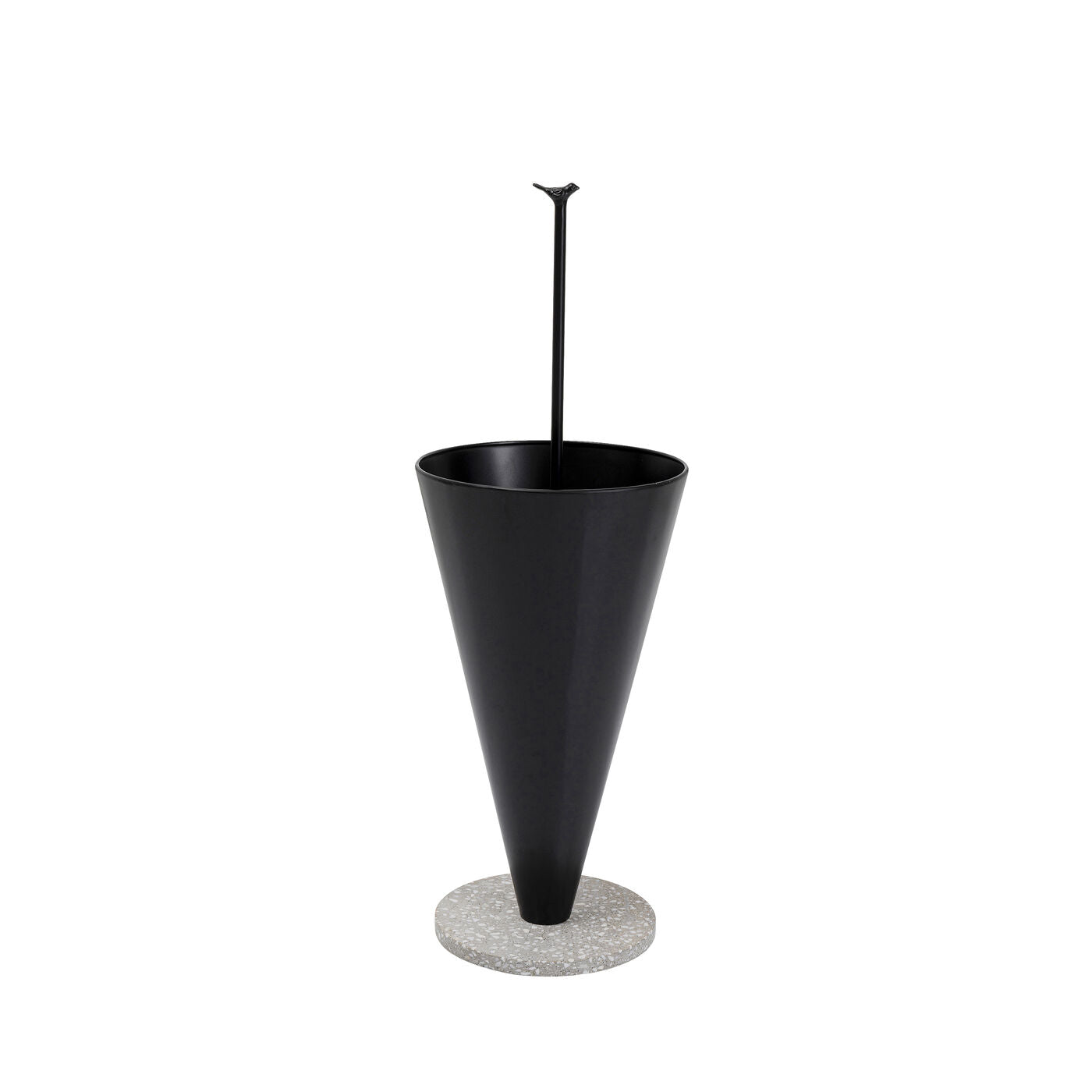 Umbrella Stand Singing In The Rain Black showing black lacquered steel body with grey composite marble base and bird figure on handle