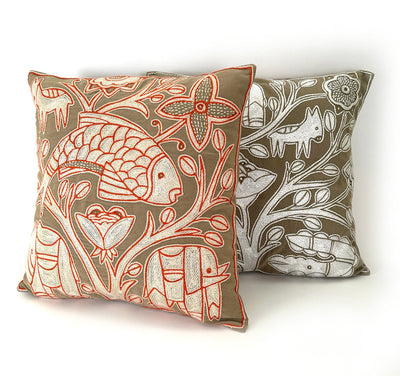 Beige, White + Orange Fish Hand Embroidered Pillow Cover by Mbare Ltd - product image 3 for Resin Society