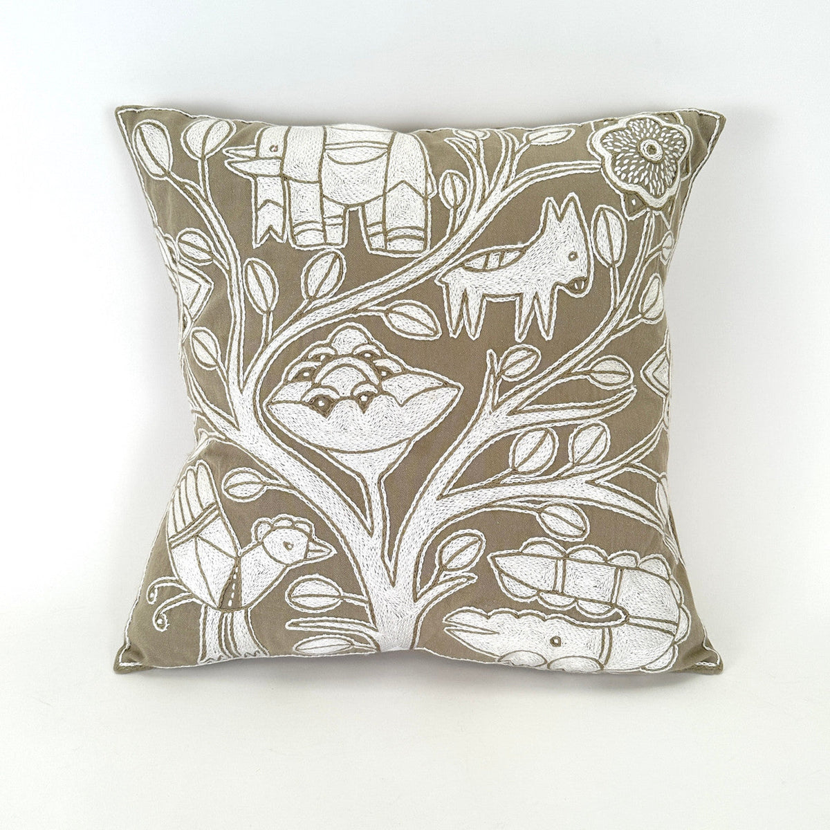 Beige and White Hand Embroidered Pillow Cover by Mbare Ltd - main product image for Resin Society