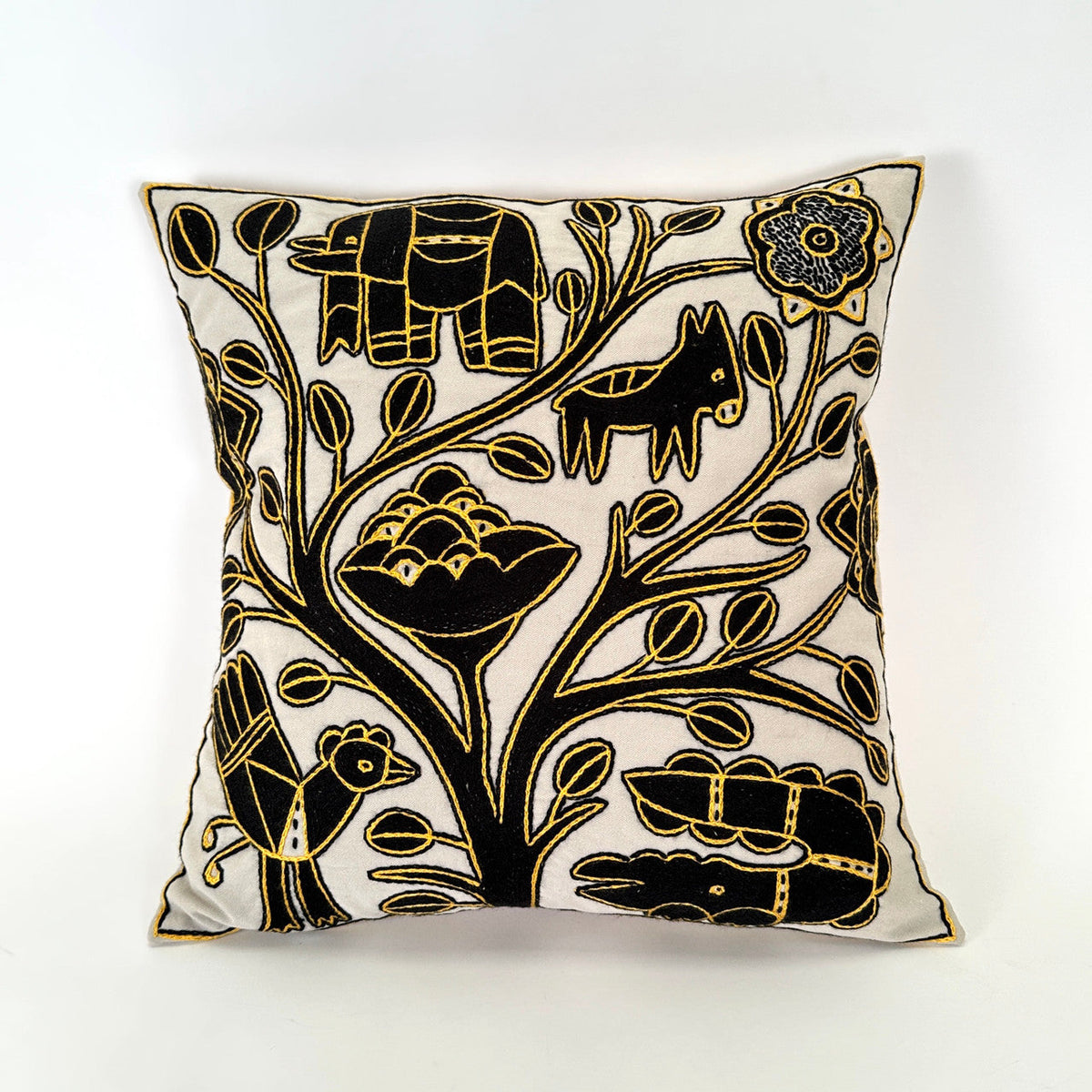 Ivory, Black + Gold Hand Embroidered Pillow Cover by Mbare Ltd - main product image for Resin Society
