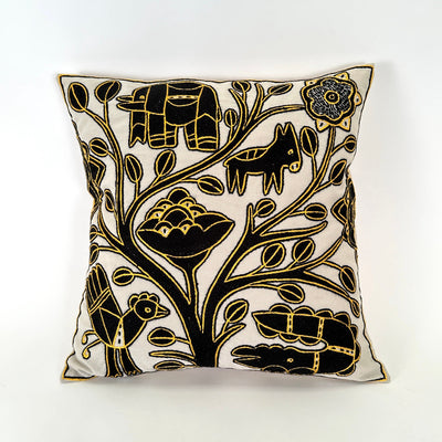 Ivory, Black + Gold Hand Embroidered Pillow Cover by Mbare Ltd - main product image for Resin Society