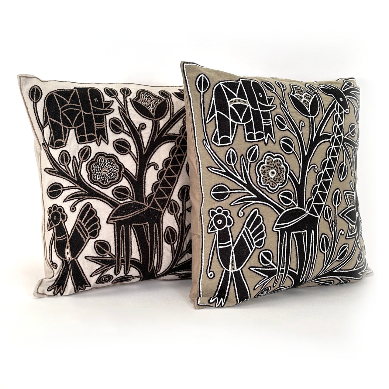 Beige and Black Giraffe Hand Embroidered Pillow Cover