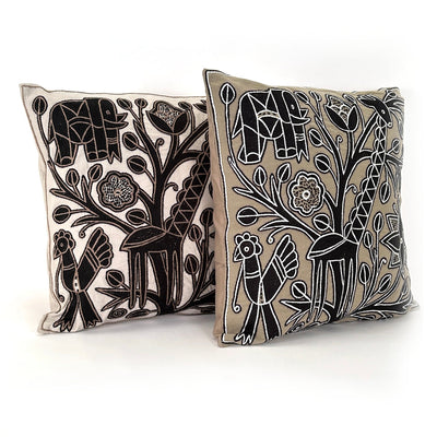 Beige and Black Giraffe Hand Embroidered Pillow Cover