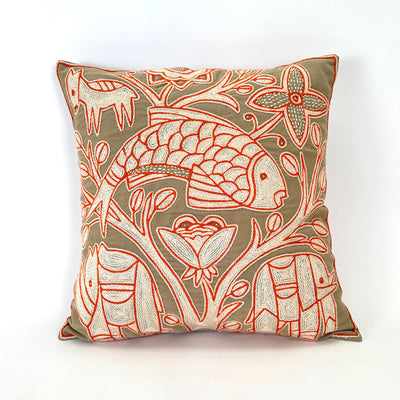 Beige, White + Orange Fish Hand Embroidered Pillow Cover by Mbare Ltd - main product image for Resin Society